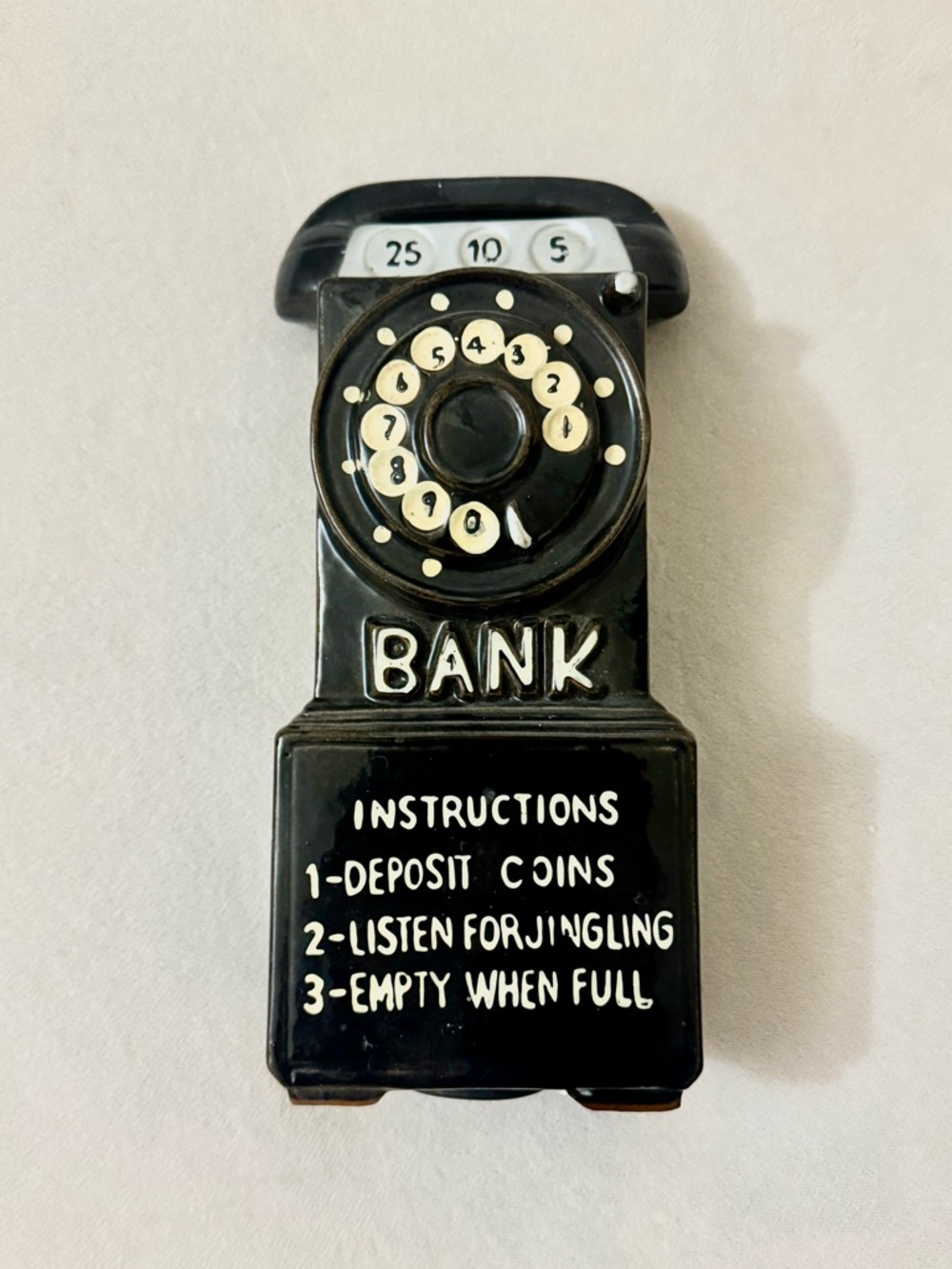 Vintage Made in Japan Black Ceramic Rotary Telephone Coin Bank Wall Decor